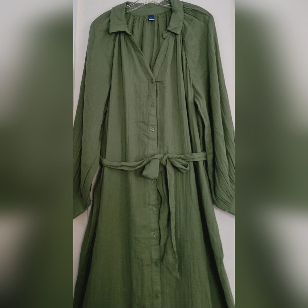 New Old Navy Sage Green Belted Midi Shirt Dress Size XXL Long Sleeve Cotton - Picture 8 of 16